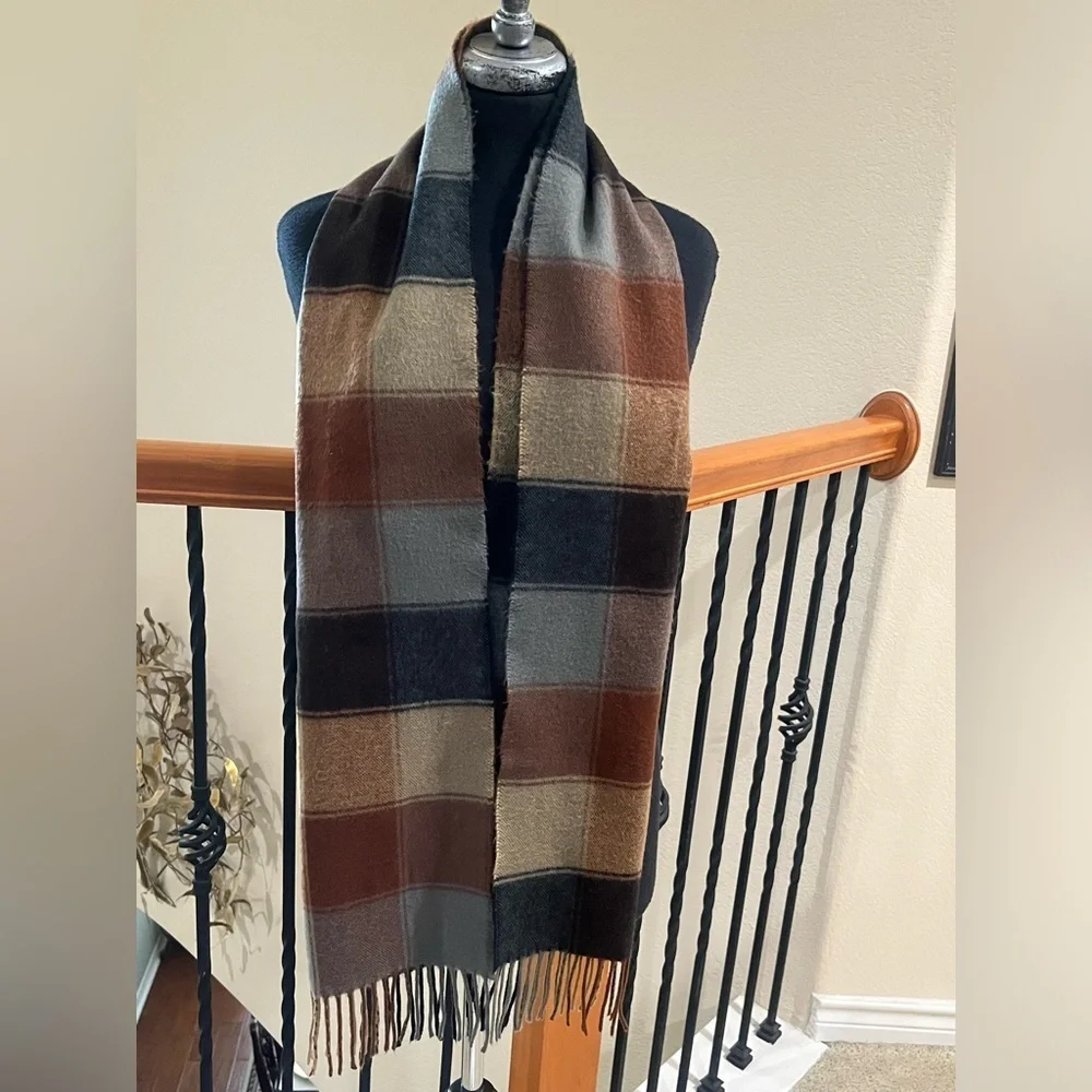 Plaid Fringe Scarf in Rust, Gray & Black 100% CASHMERE MADE IN SCOTLAND: